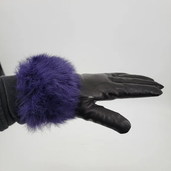 Wilsons Black Leather Purple Fur Cuff Gloves Women's Size Medium Winter Classic - Picture 5 of 9